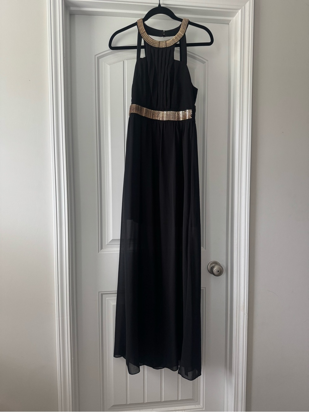 fab'rik Black Maxi Dress with Gold Beaded Neckline and Waistband